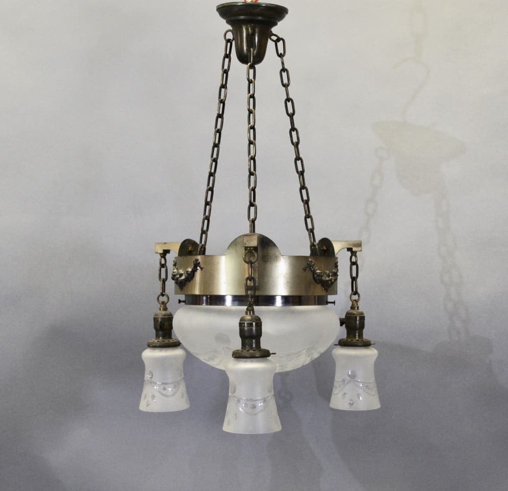 47557. Turn Of The Century Brass Chandelier With Etched Glass