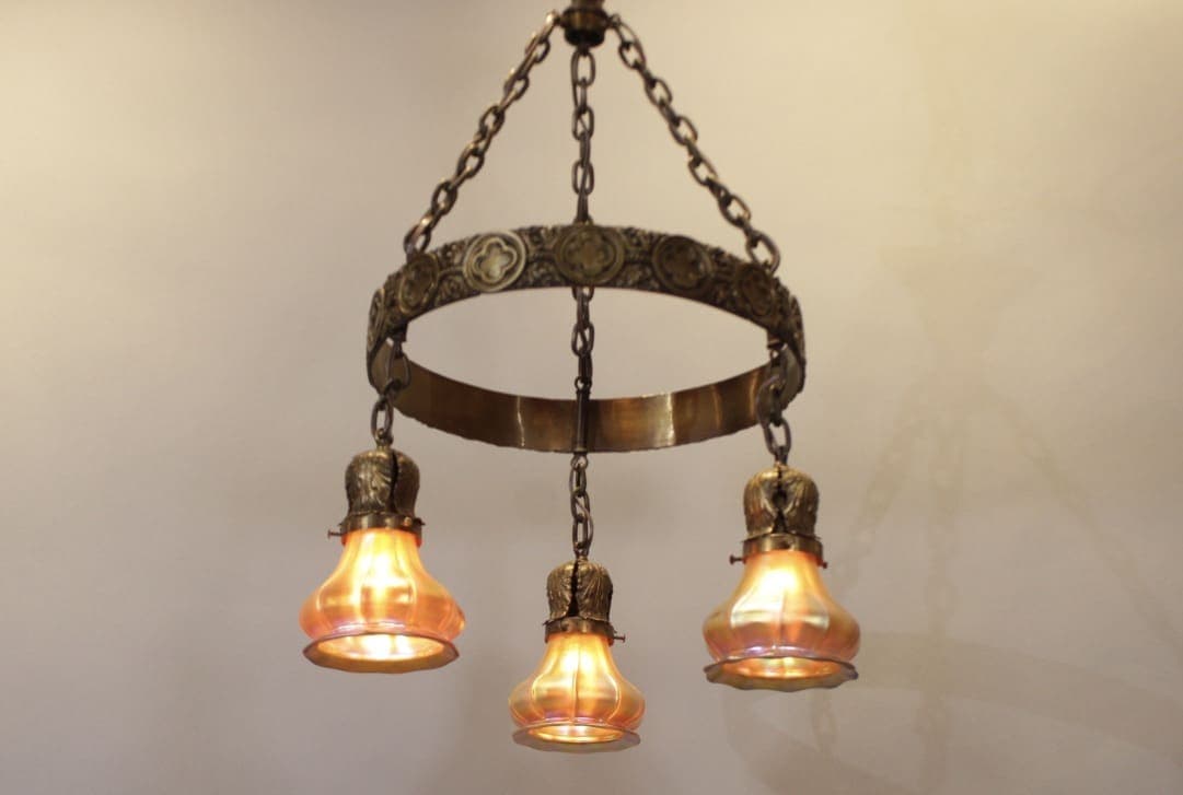 47417. Turn Of The Century Bronze Chandelier With Art Glass Shades