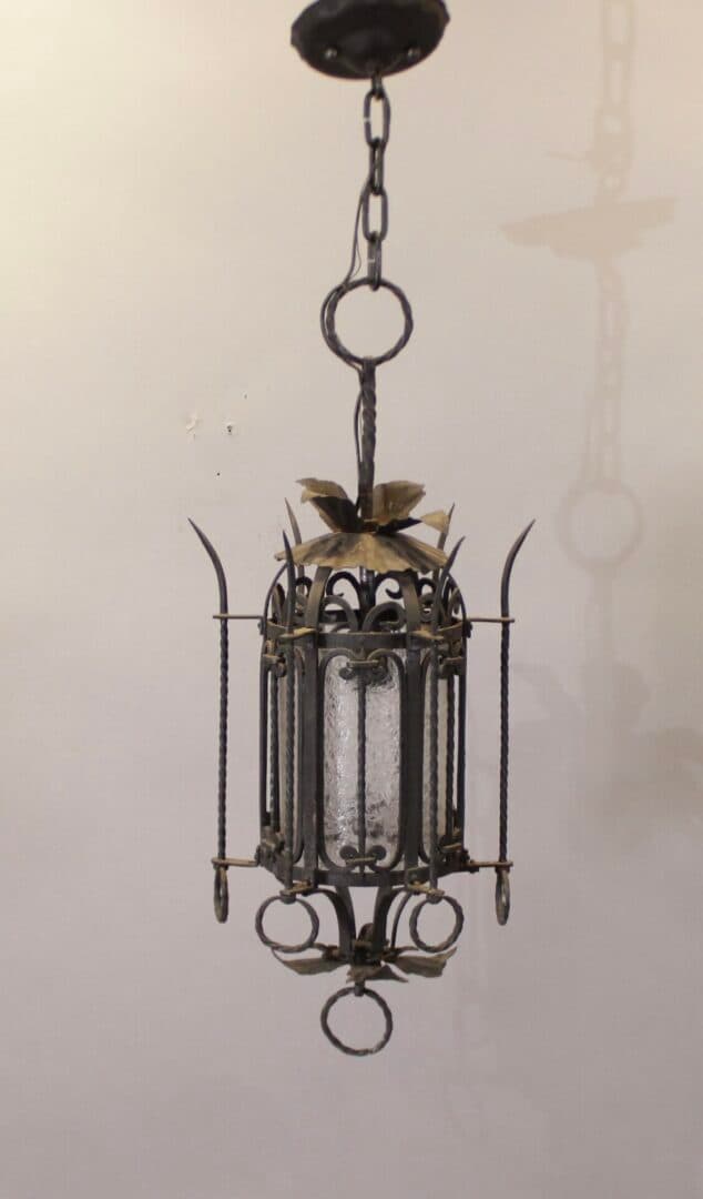 47883. Spanish Revival Gothic Wrought Iron Pendant With Antique Glass