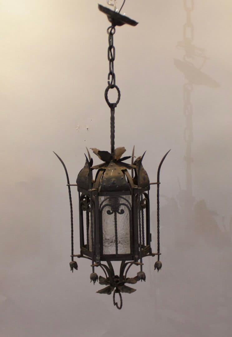 47875. Spanish Revival Gothic Wrought Iron Pendant With Textured Glass