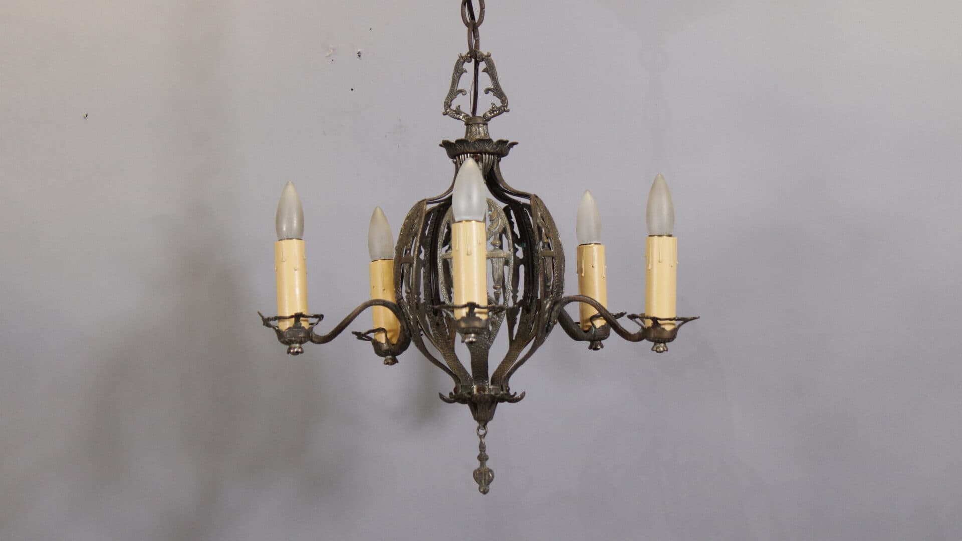 47901. Spanish Revival 1920’s Chandelier Cast Metal With 5 Arms