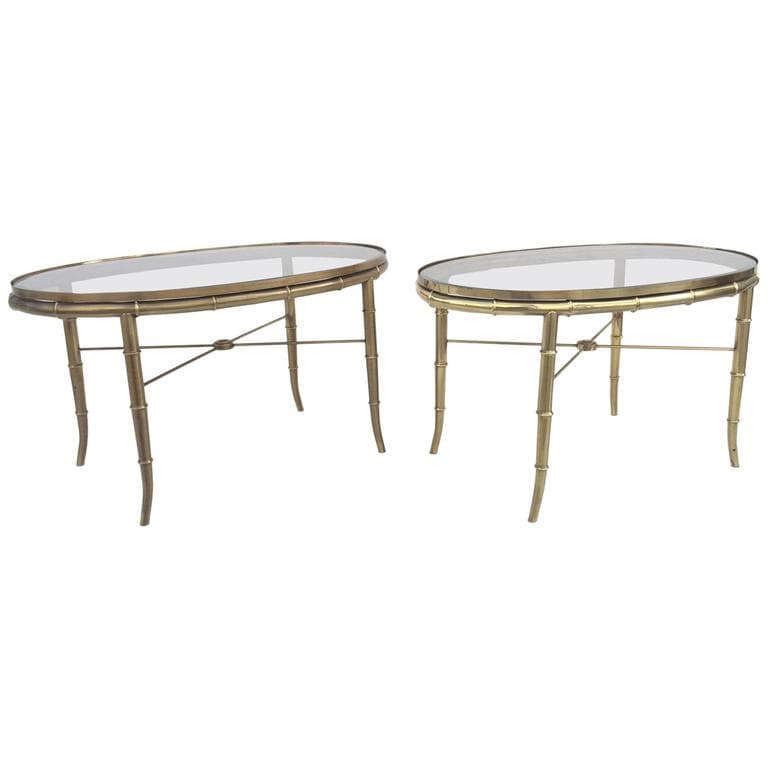 Pair of Aged Brass Faux Bamboo Occasional Tables by Mastercraft.