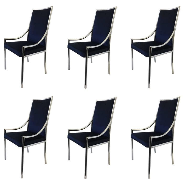 Set of Six Chrome and Royal Blue Velvet Dining Chair Attributed to Pierre Cardin