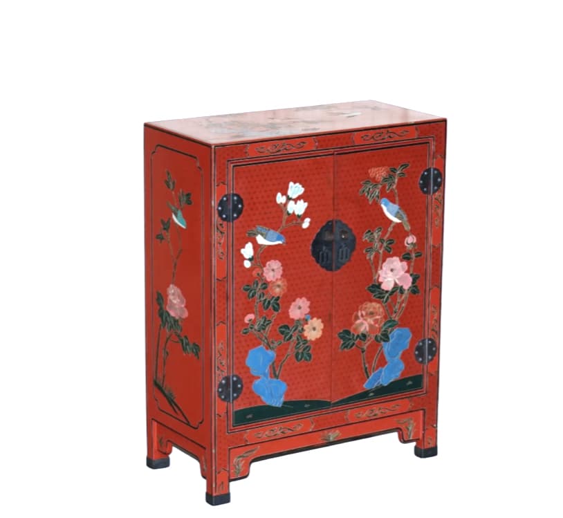 Chinoiserie Red Lacquer Side Cabinet with Bird