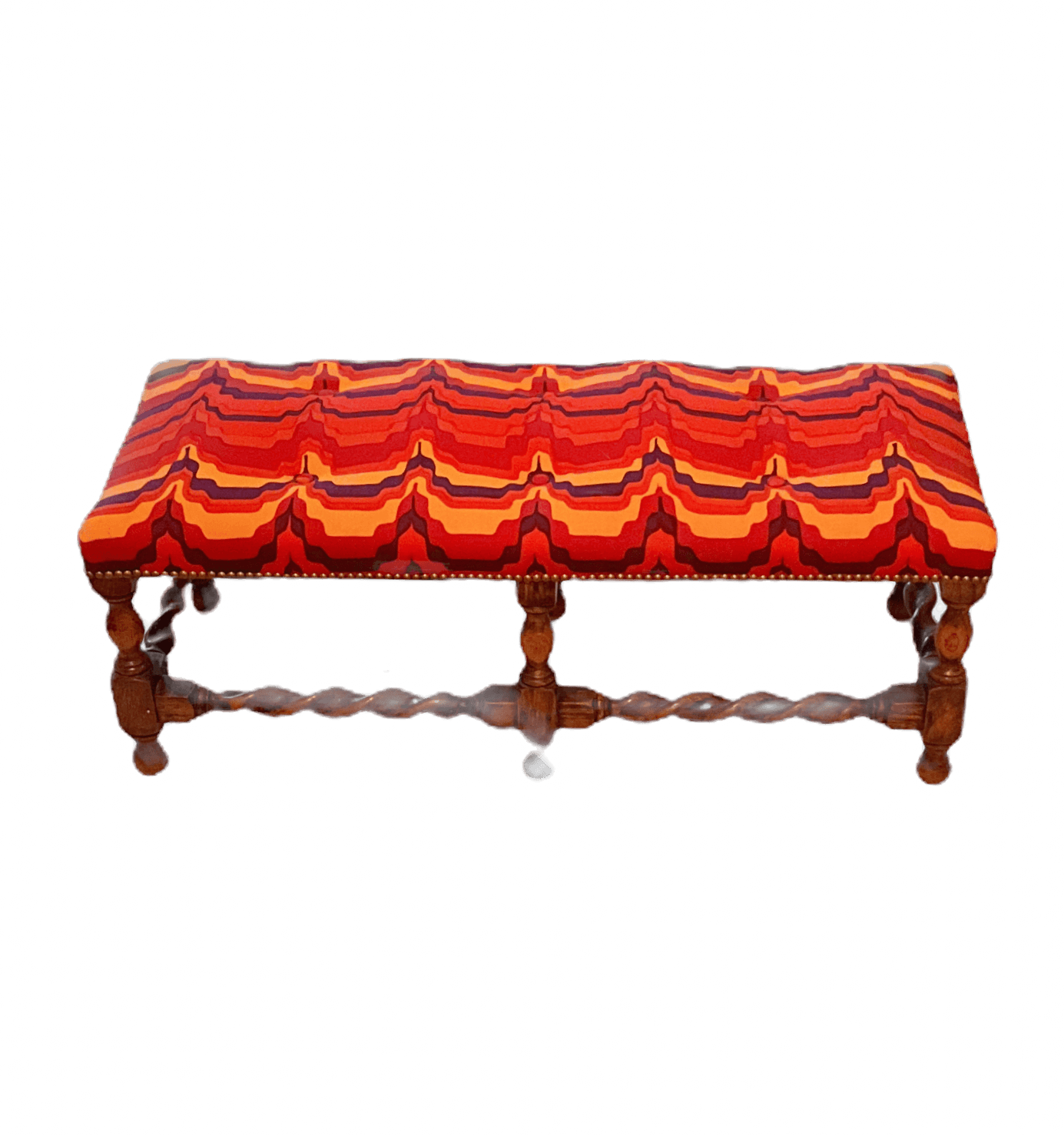 Antique Low Foot Bench with 70's Upholstery