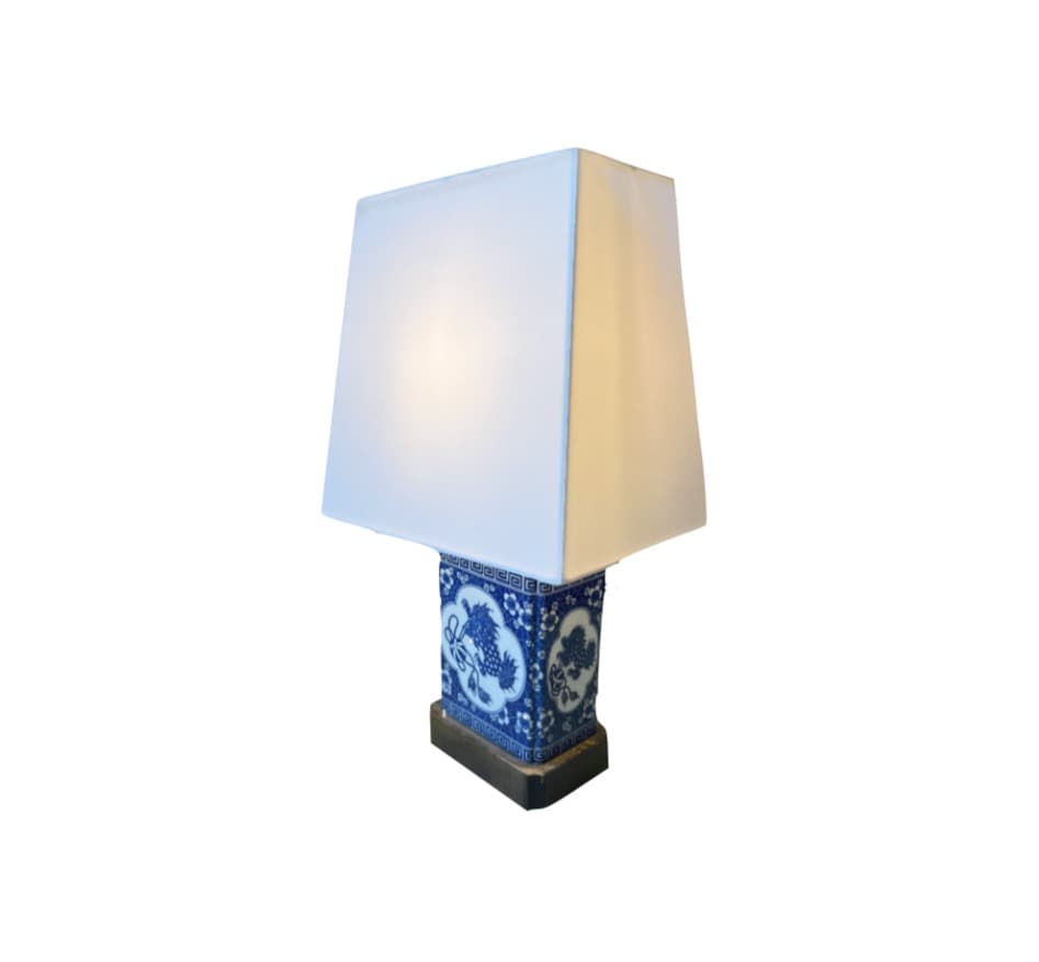 Blue and White Porcelain Lamp with Wooden Base