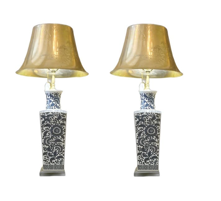 Pair of Blue Floral Patterned Ceramic Lamps
