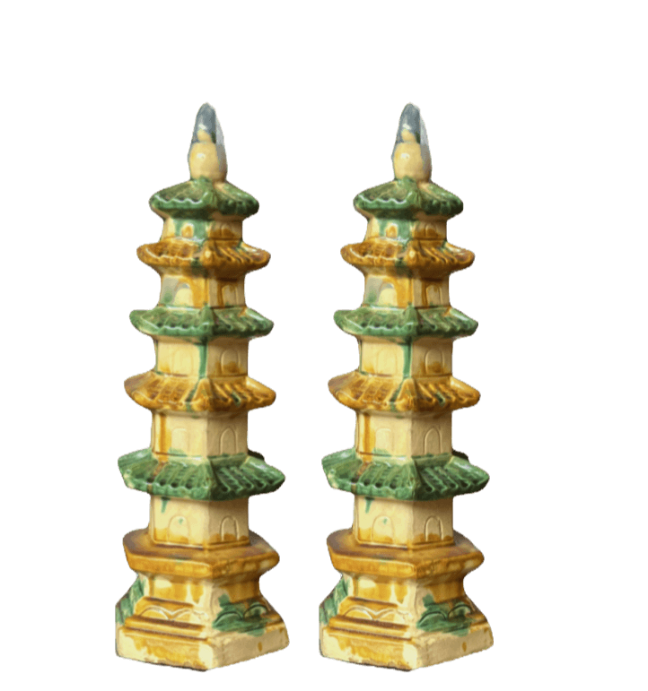 Chinese Green and White Tiered Ceramic Pagoda Regular
