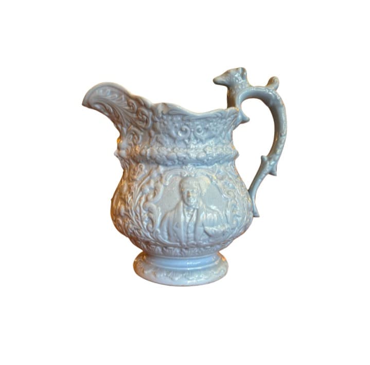 Light Blue Ceramic Pitcher with Engravings