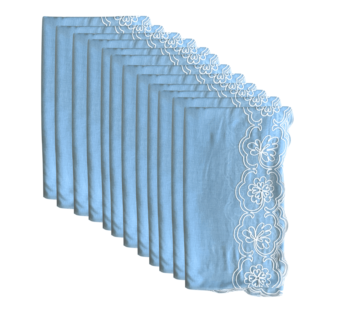 Set of 10 Magnificent Blue Linen Napkins with Hand-embroidery