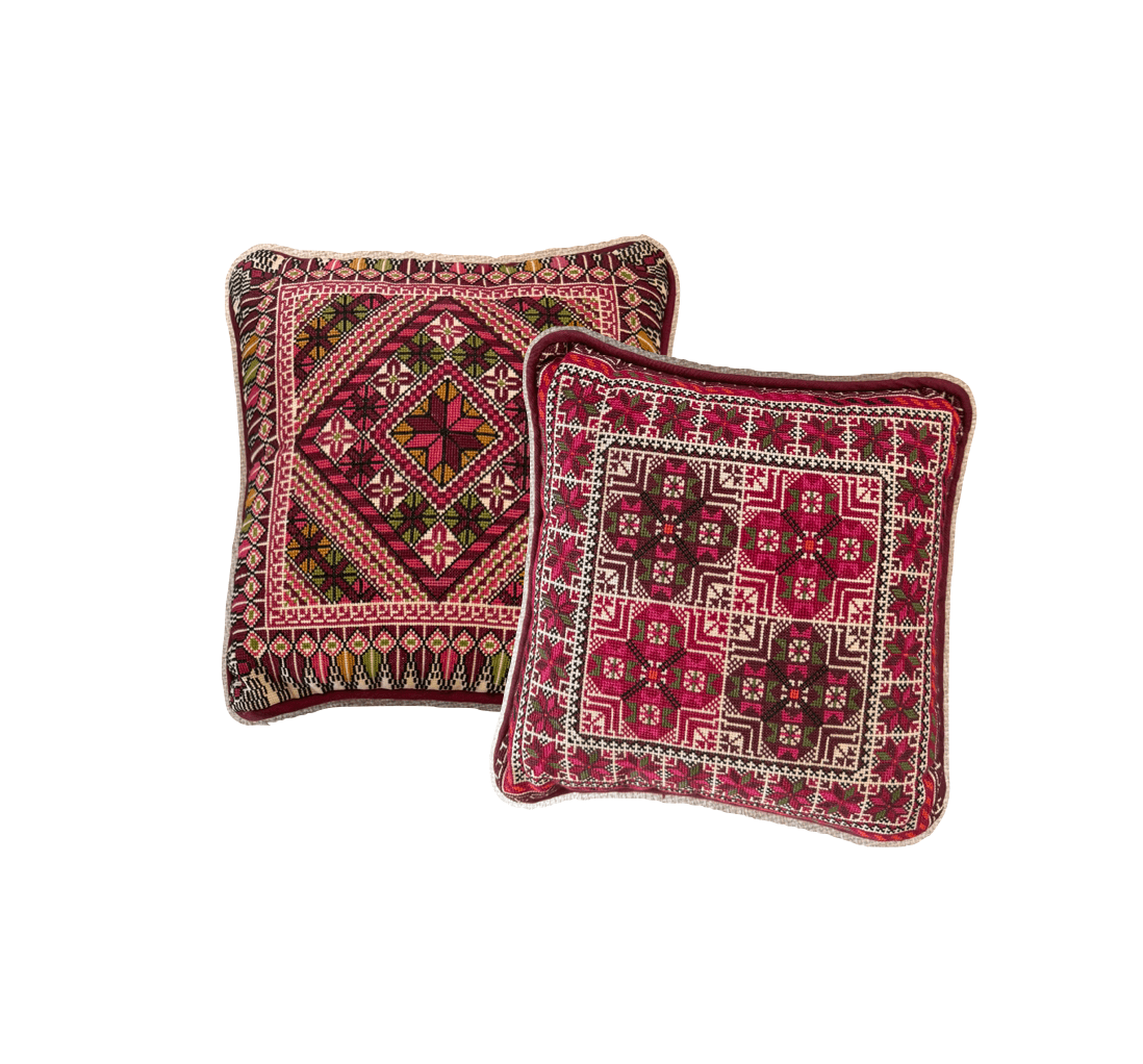 Pair of Burgundy Needle Point Small Pillows
