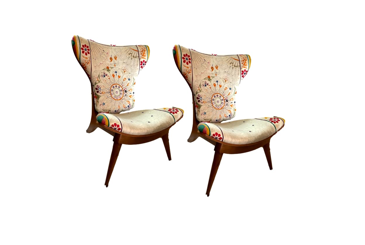 Mid-century Modern Embroidered Set of Chairs and Set of Ottomans