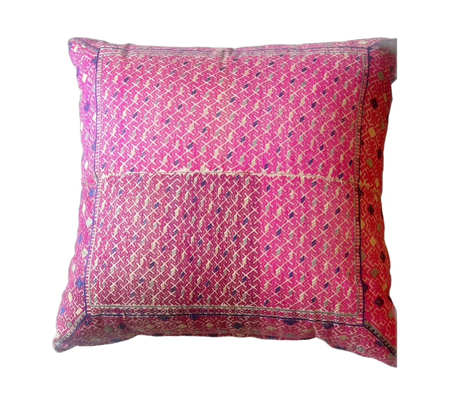 Exquisite Hand-emroidered Vintage Textile Pillow with Blue Velvet Backing