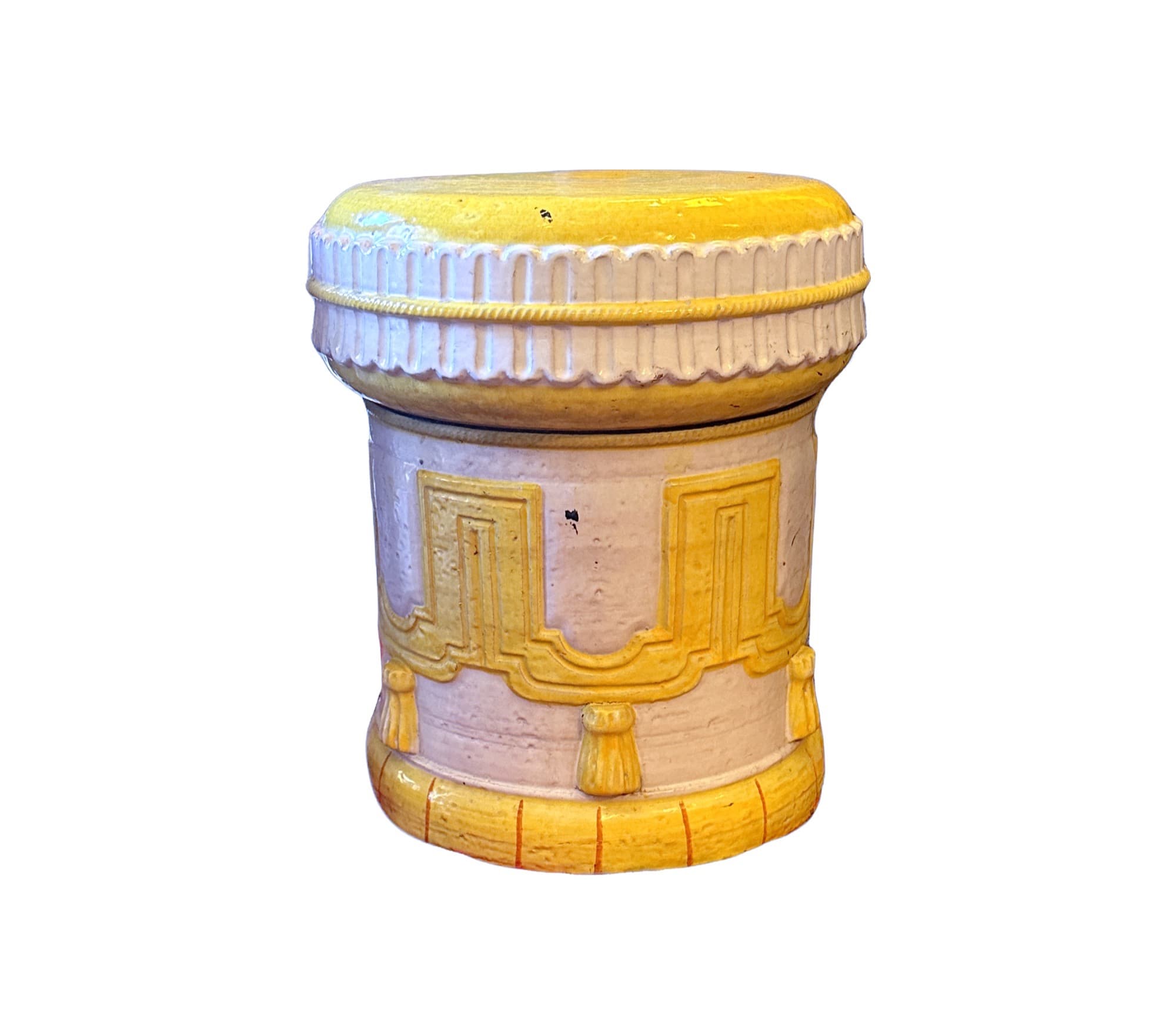 Vintage Hollywood Regency Glazed Ceramic Garden Stool / Drink Table with Tassels