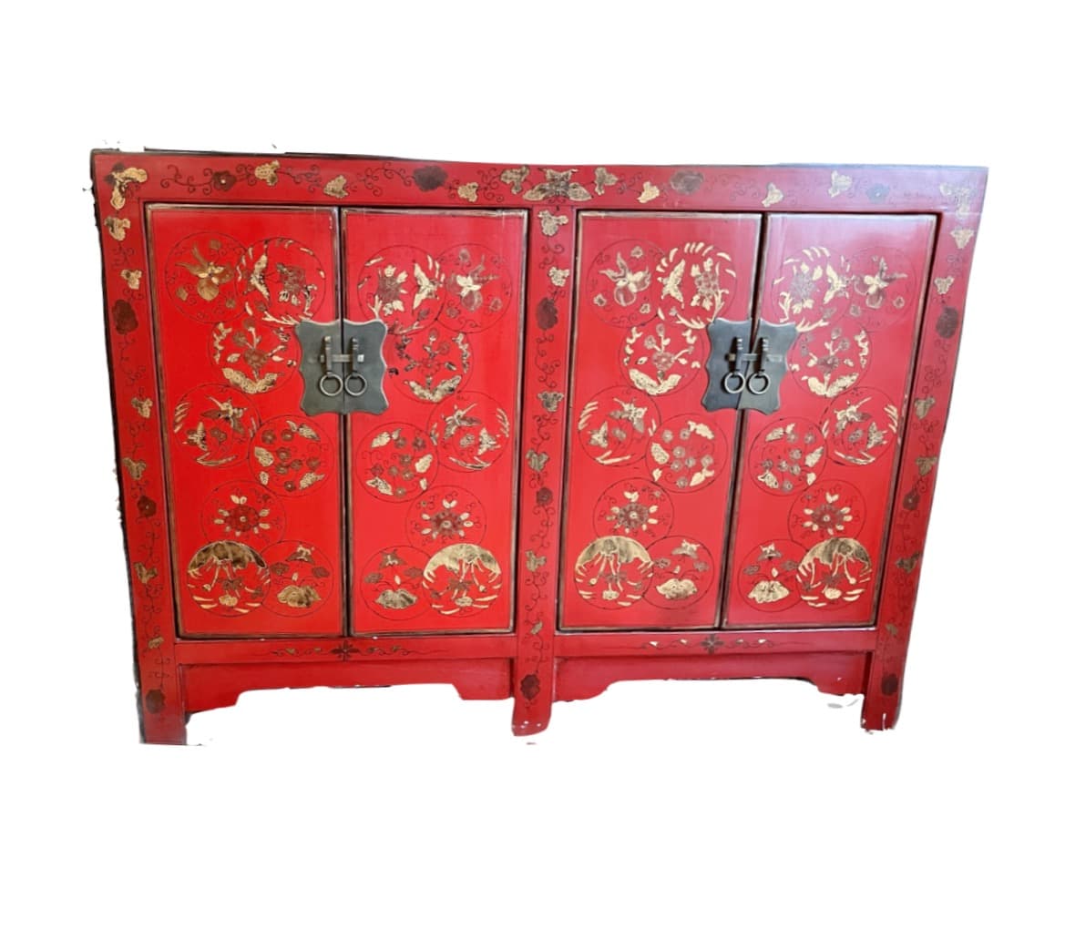 Red Lacquer Cabinet Hand Painted Chinoiserie