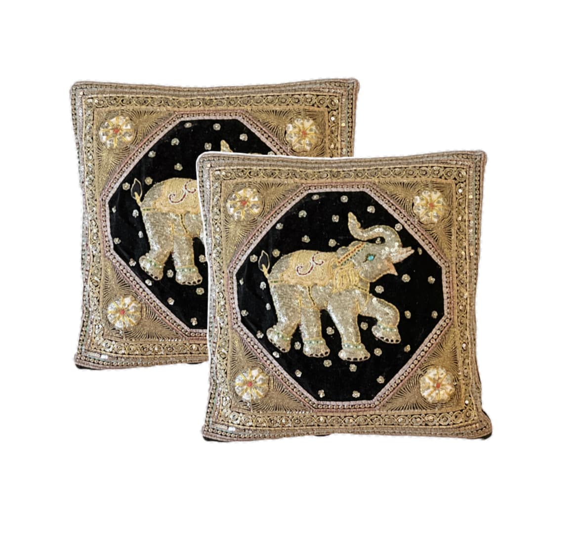 Pair of Hand-beaded and Embroidered Velvet Elephant Pillows