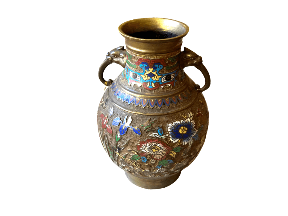 Vintage Japanese Brass Enamel Vase with Bird Handles