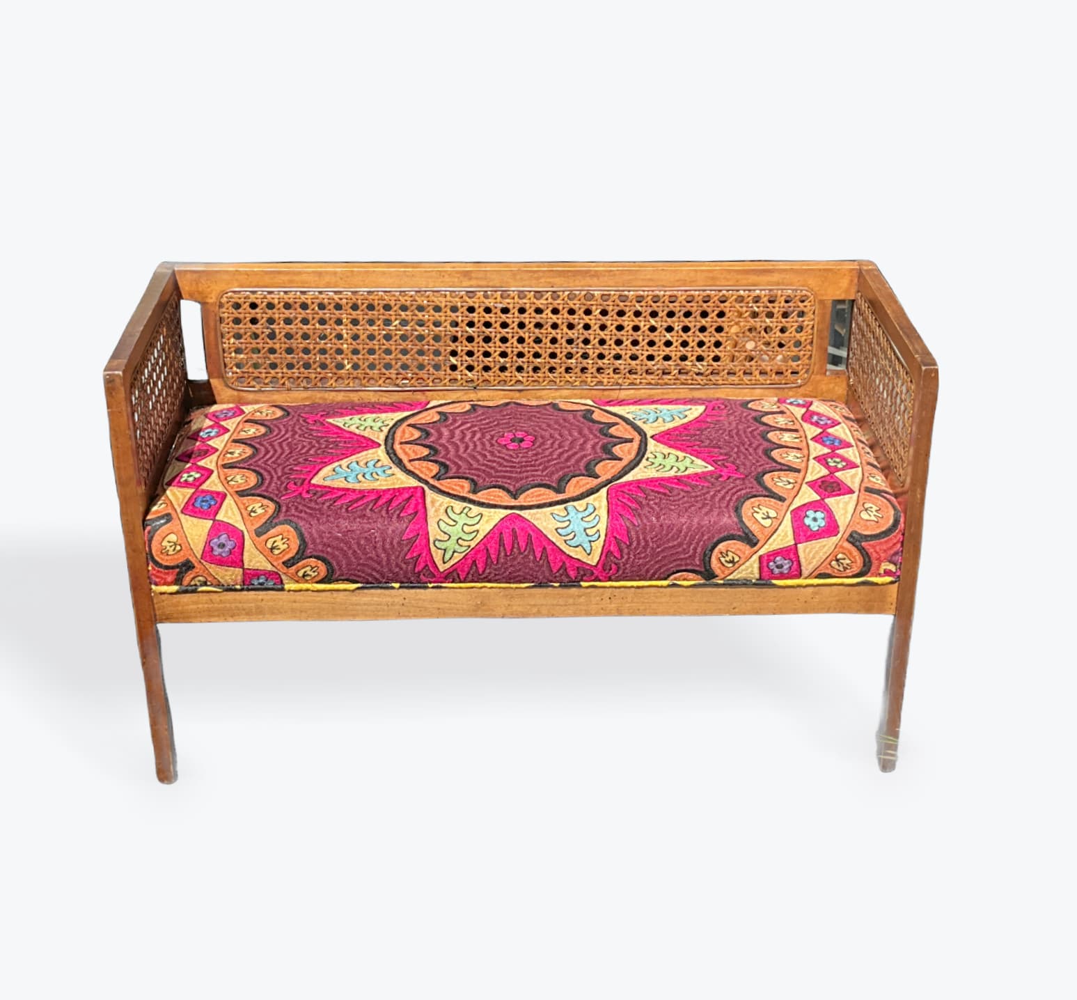 Caned Bench Upholstered in Embroidered Australian Suzani