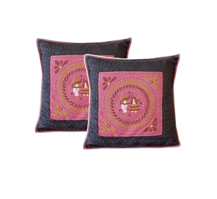 Pair of Embroidered Pink & Black Pillows l India