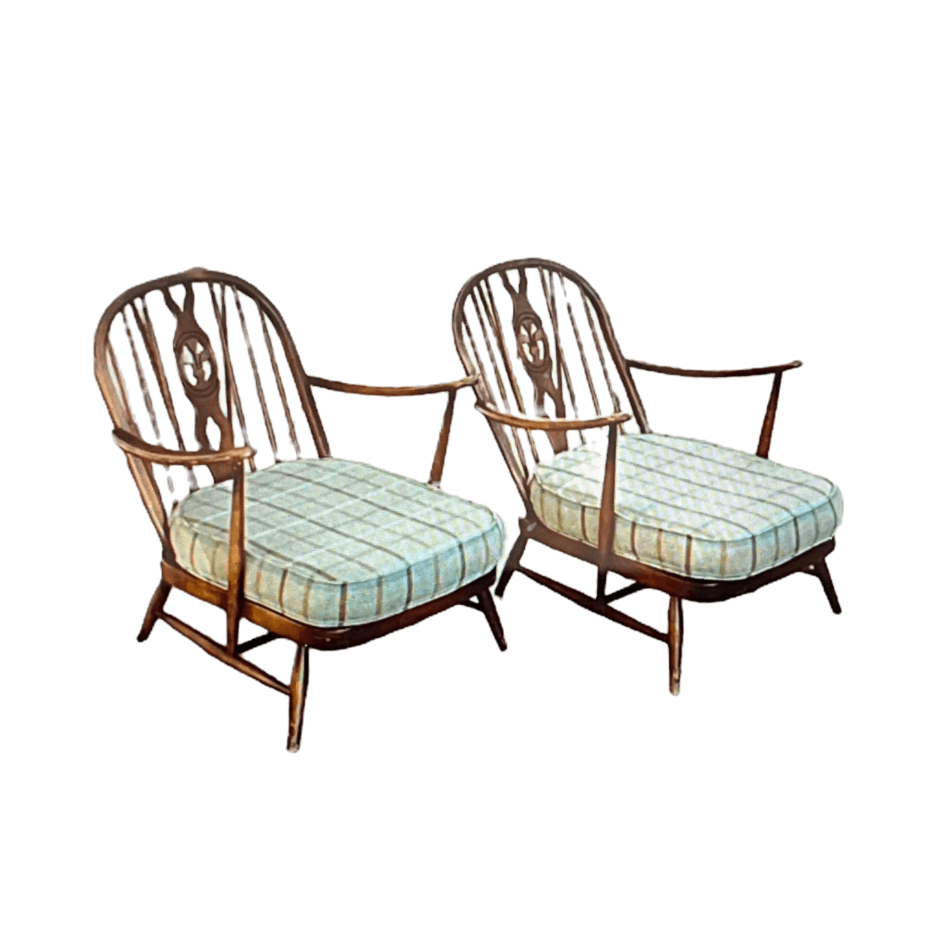 Pair of Lucian Randolph Ercol Fleur de Lys Windsor Chairs with Original Cushions