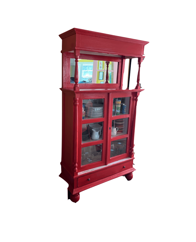 Red Painted Wooden Cabinet with Mirror