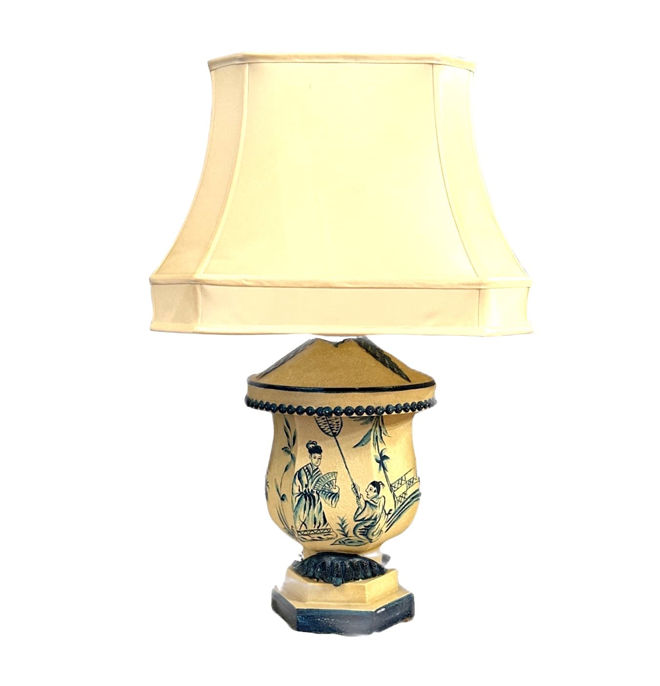 Vintage Hand-painted Chinoiserie Lamp with Silk Pagoda Shade