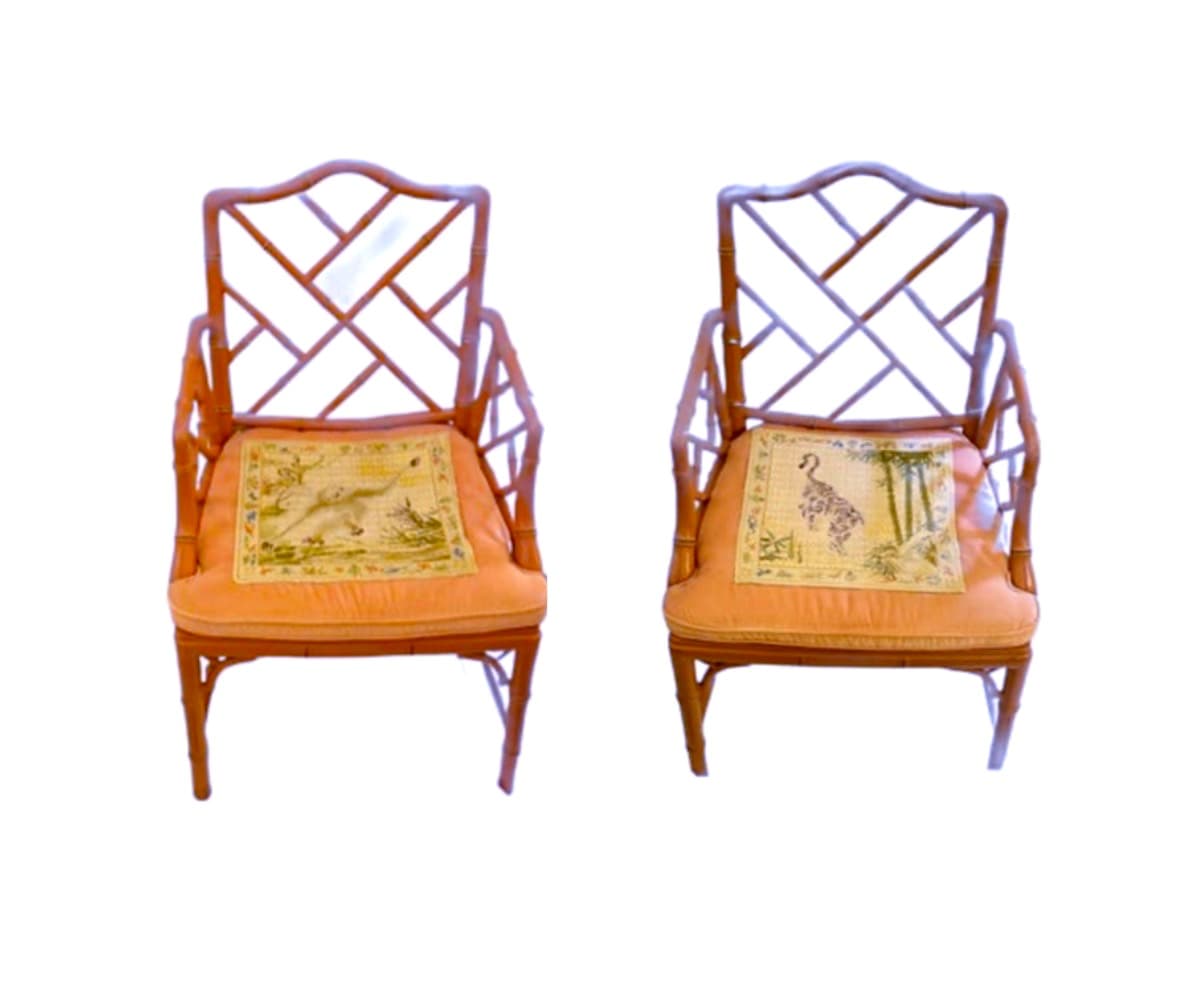 Pair of Faux Bamboo Hollywood Regency Armchairs