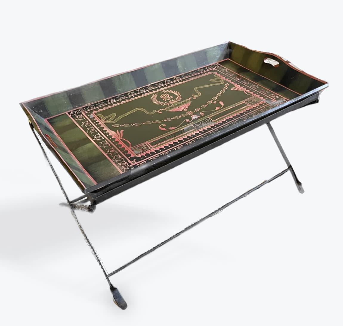 Antique Hand-painted Wood Tray on Folding Iron Base