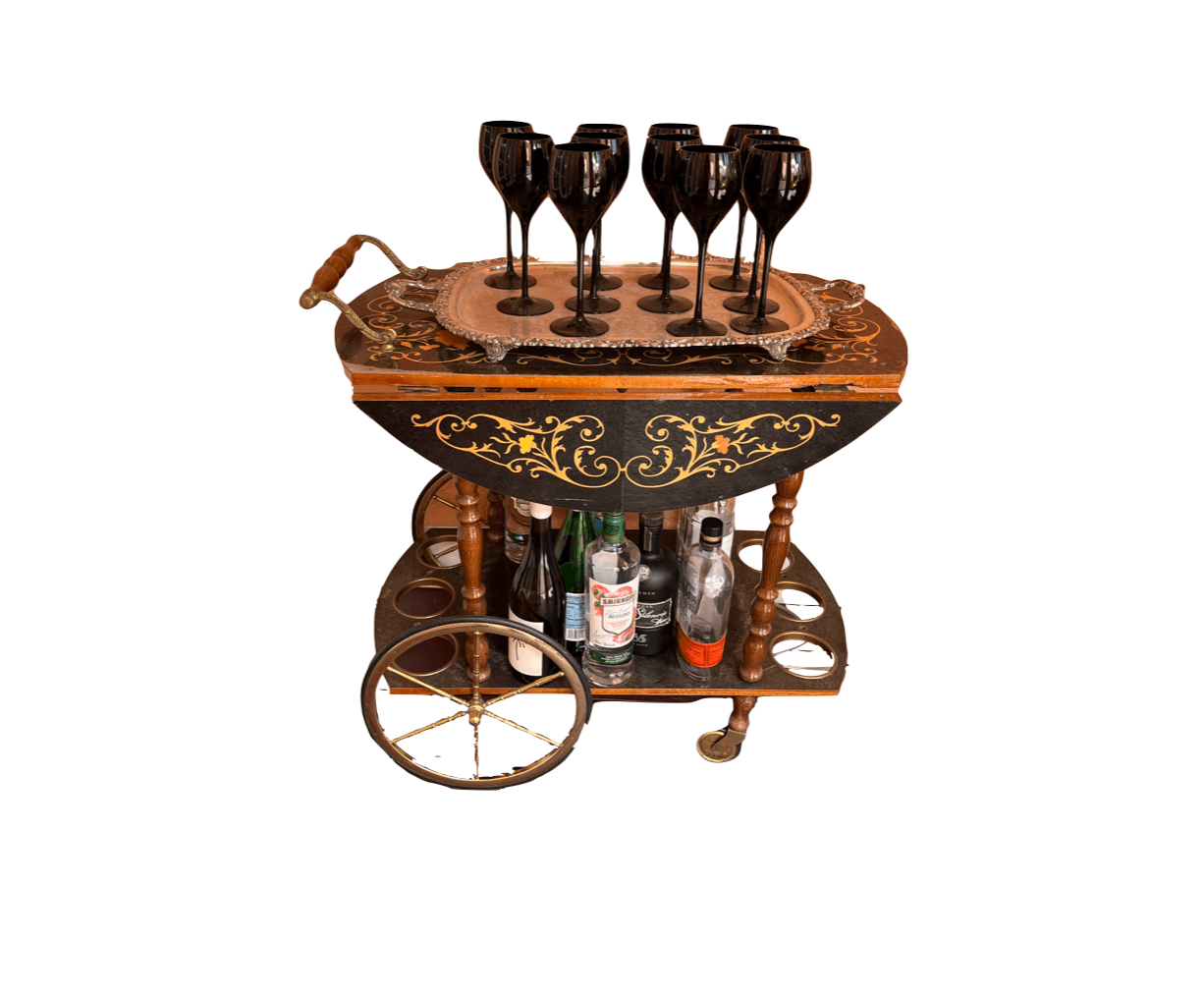 Vintage Italian Marquetry Two Tier Drop-Leaf Dessert/Bar Cart Trolley