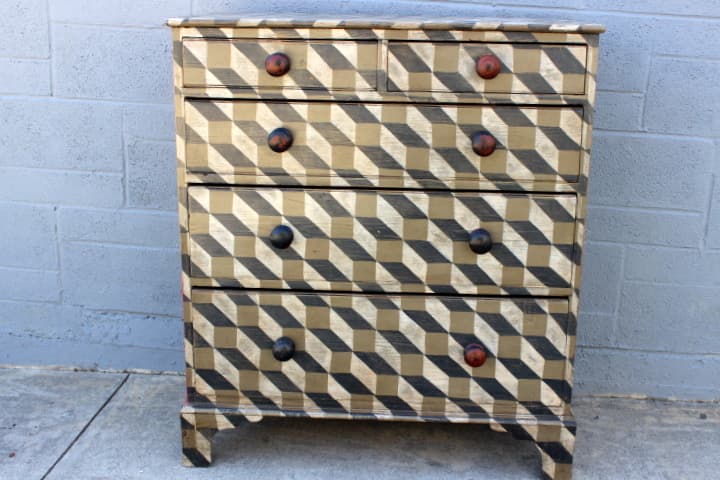 Antique Pine Chest Painted Escher Style