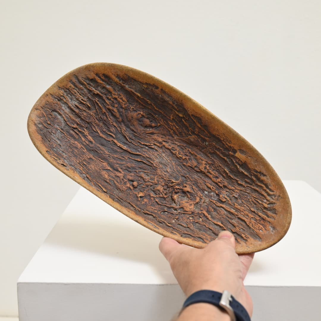 Stoneware Bark Texture Tray Bowl - David Salk, California c. 1991
