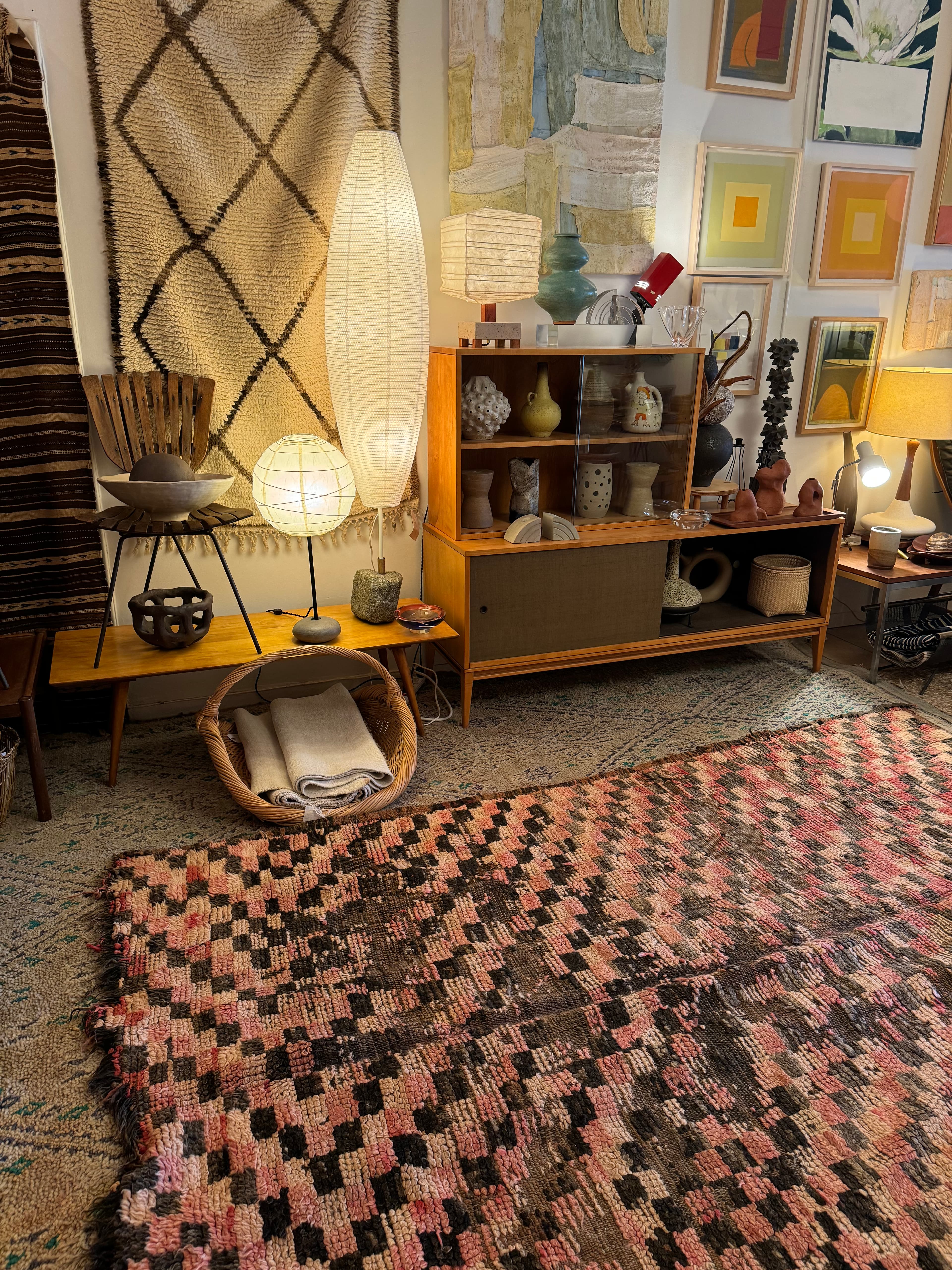 1940's Dark Brown & Pink Checkered Rug