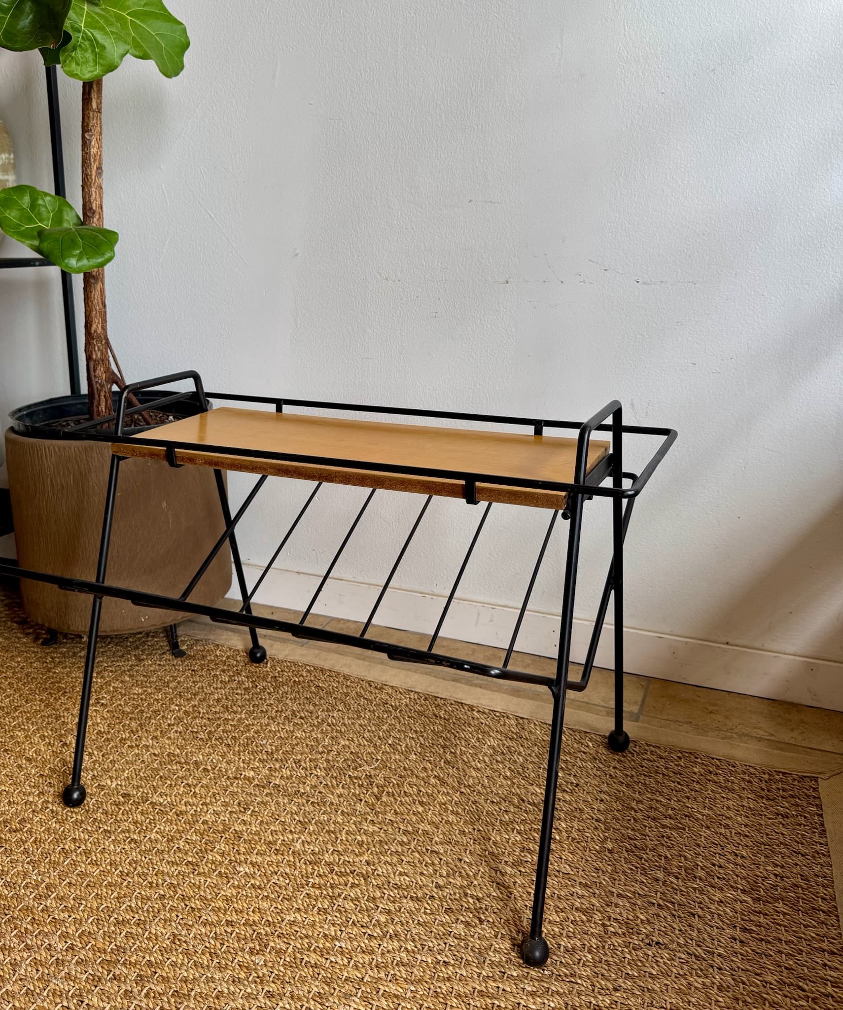 Tony Paul Woodlin-Hall Metal and Wood Magazine Rack With Tray