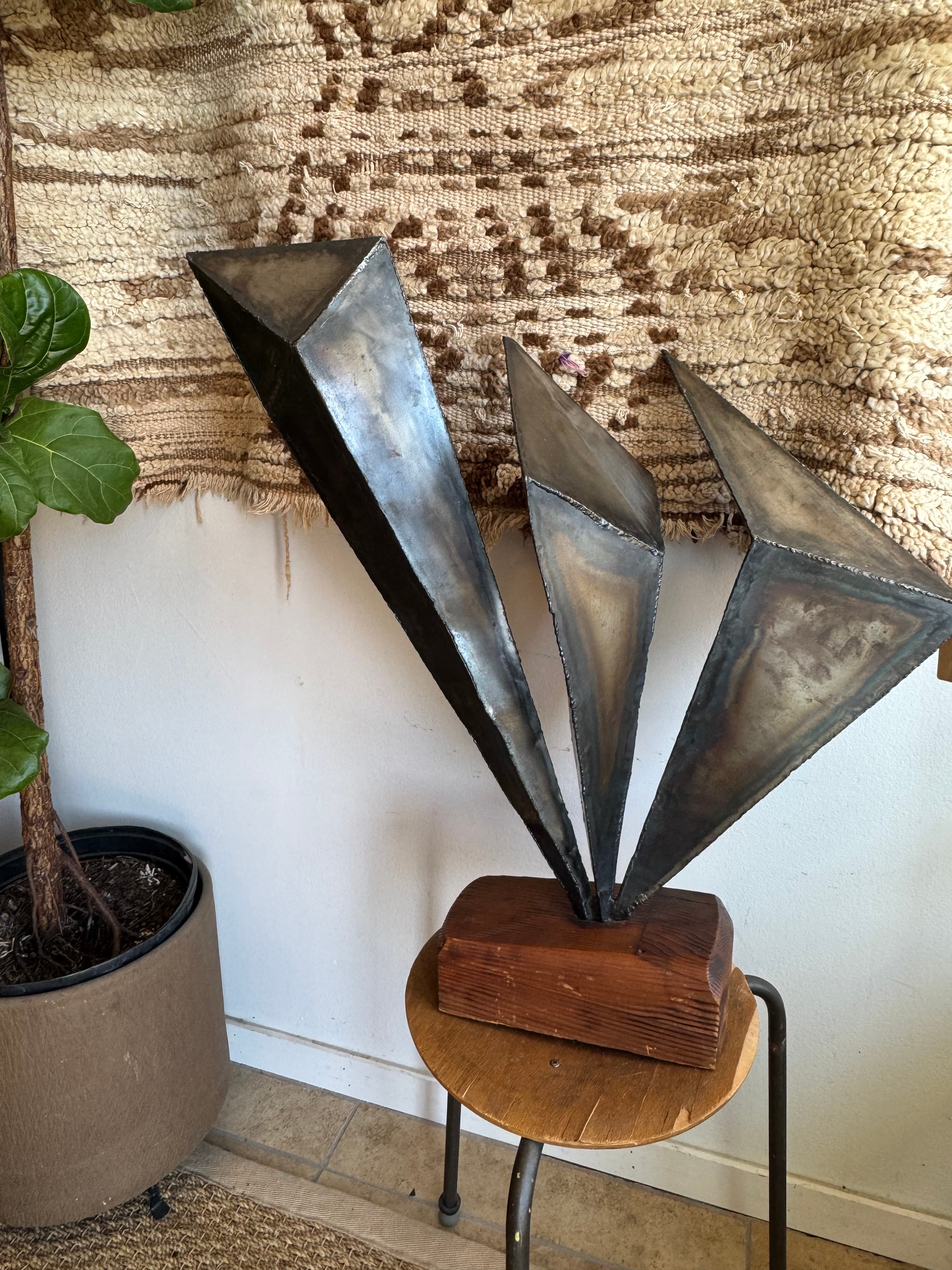 Brutalist Vintage Metal & Wood Sculpture