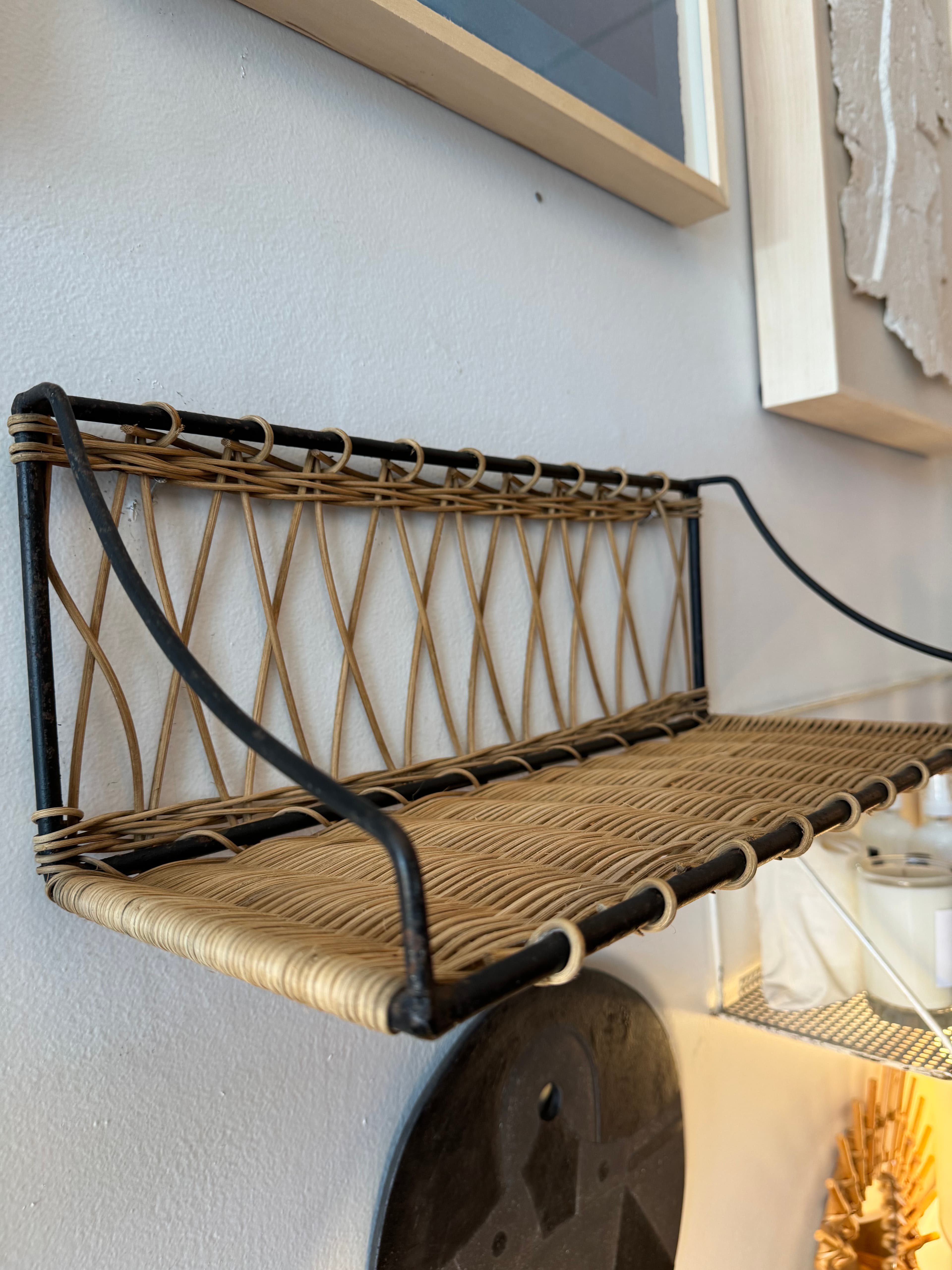 1950's French Rattan Iron Wall Shelf