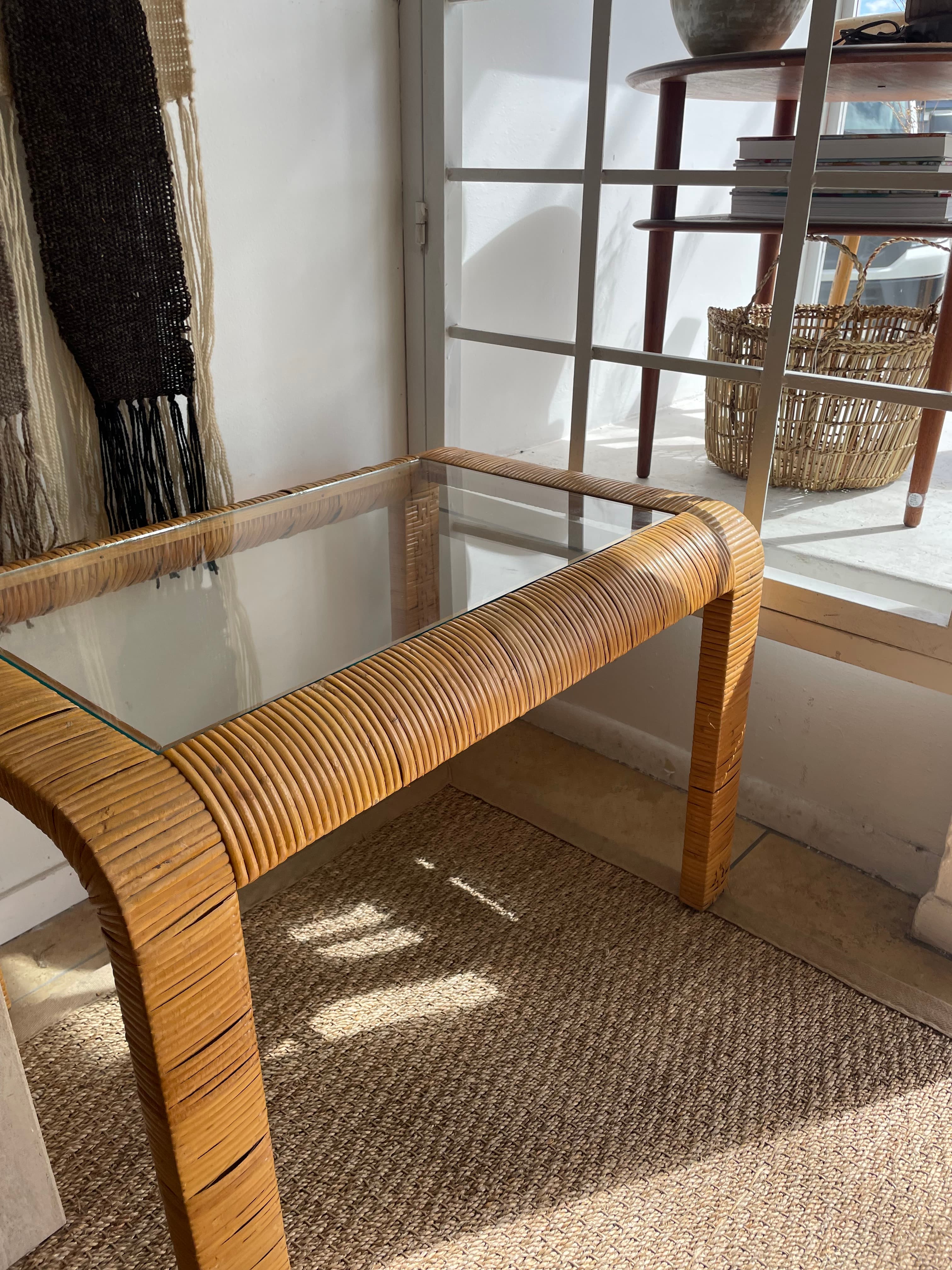 Pencil Reed Vintage Glass Coffee Table