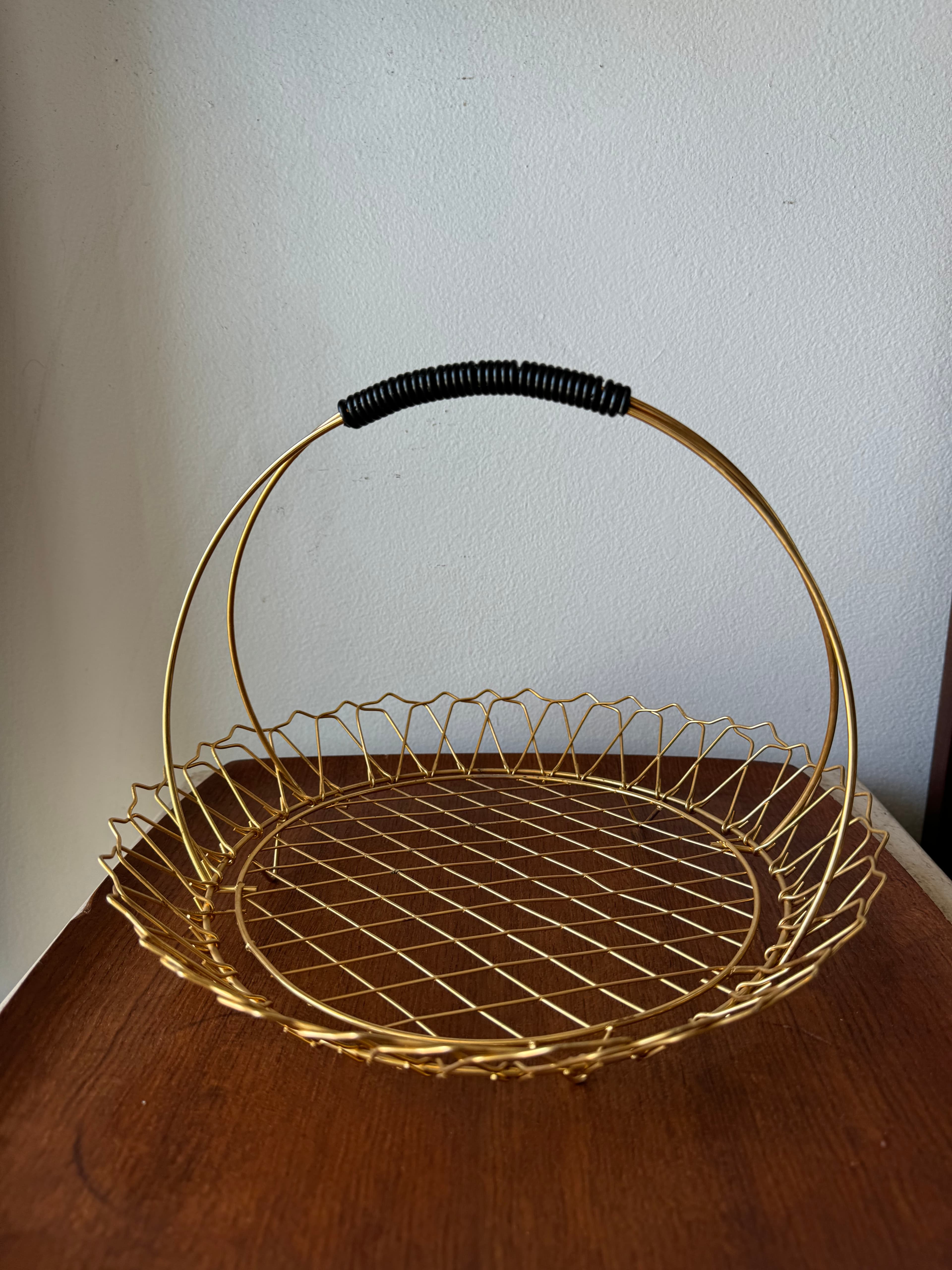 1950's French Round Gold Metal Fruit Basket w/ handle