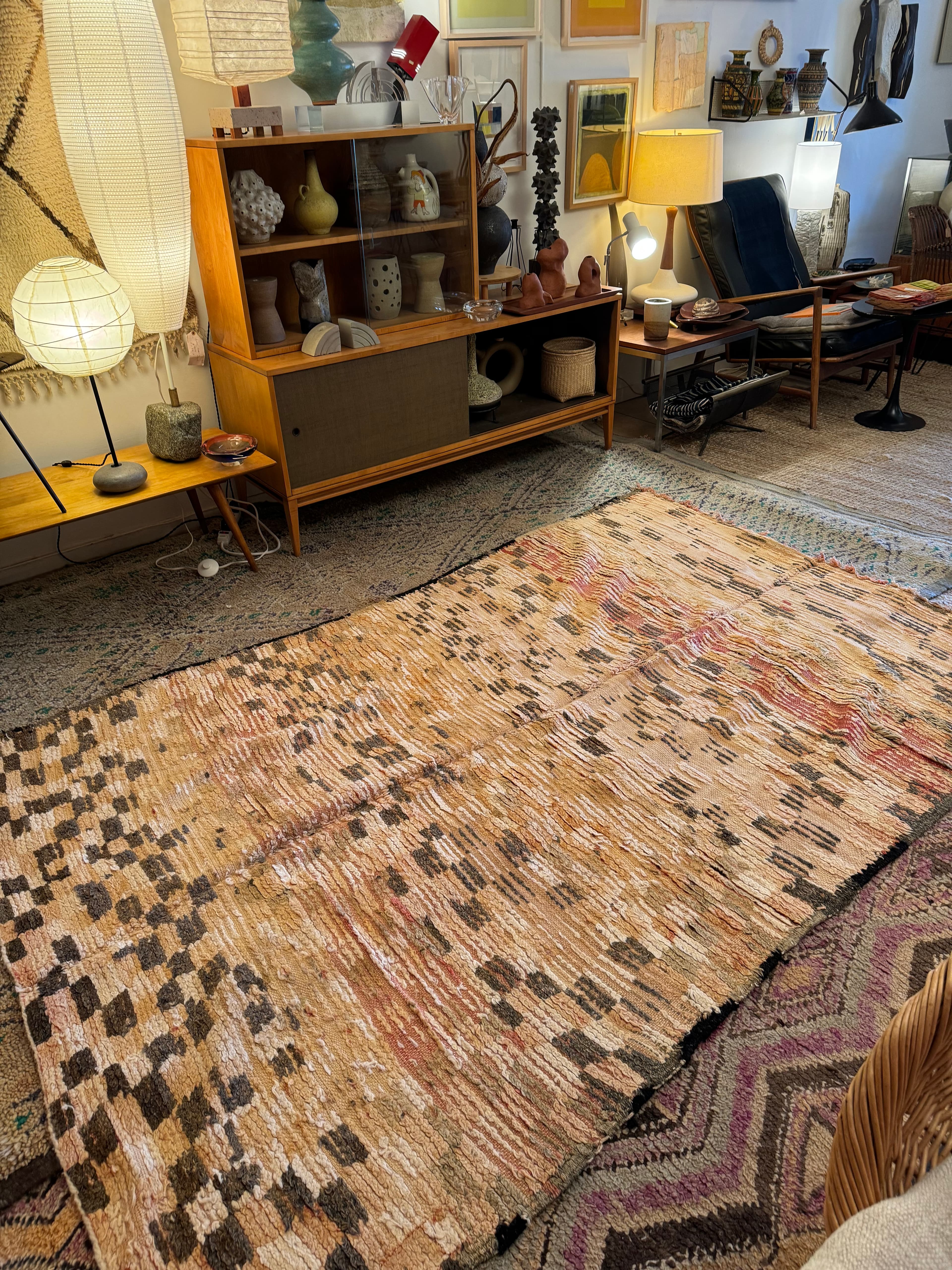 1940's Pink & Brown Checkered Boujad Rug