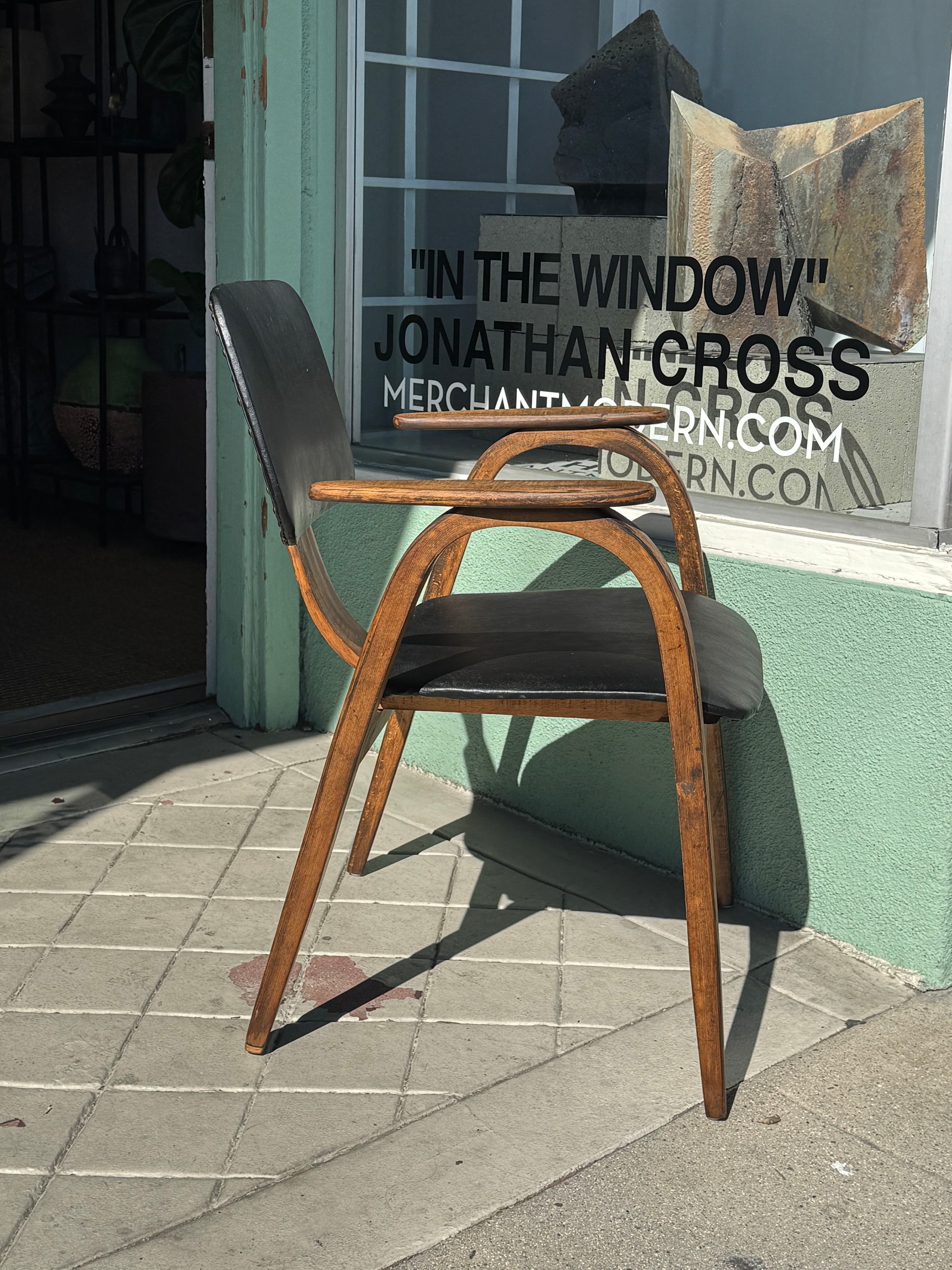 1950's Black Leather Mid Century Modern Bentwood Chair