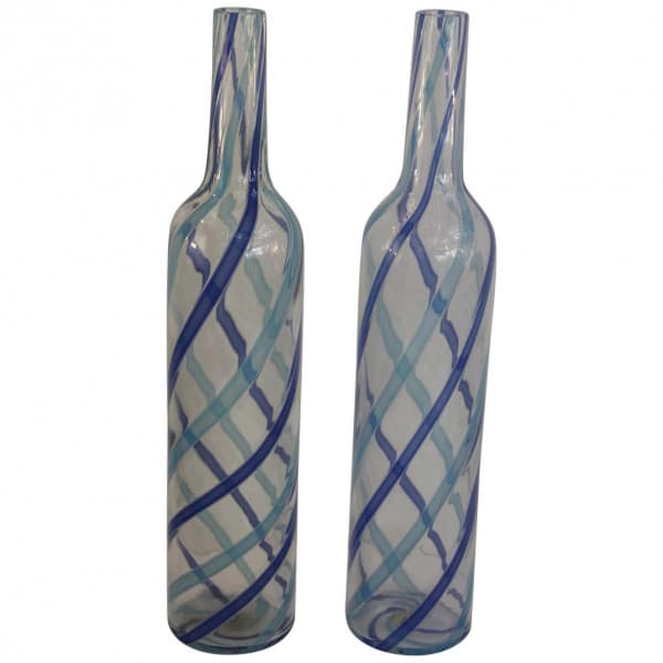 Pair of Fratelli Toso Murano Blue Aqua Stripe Ribbons Italian Art Glass Decanter | Ventura