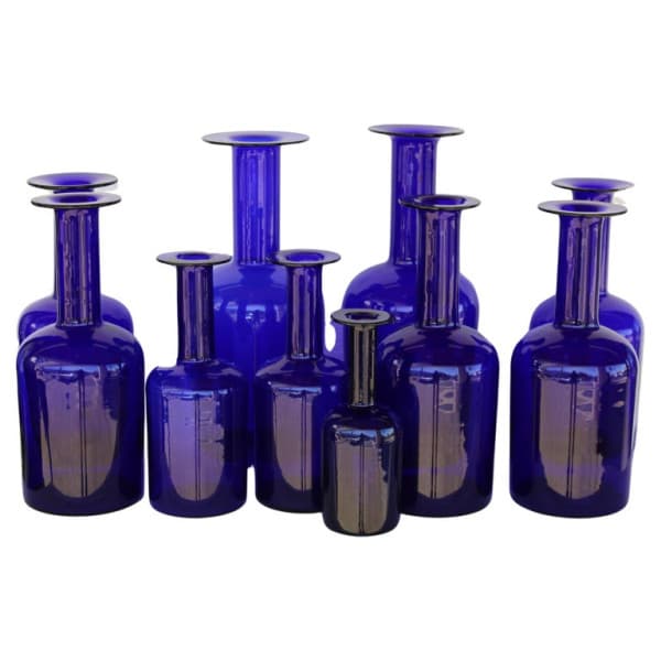 Collection of Ten Blue Bottles by Otto Bauer for Holmegaard, Denmark | Ventura