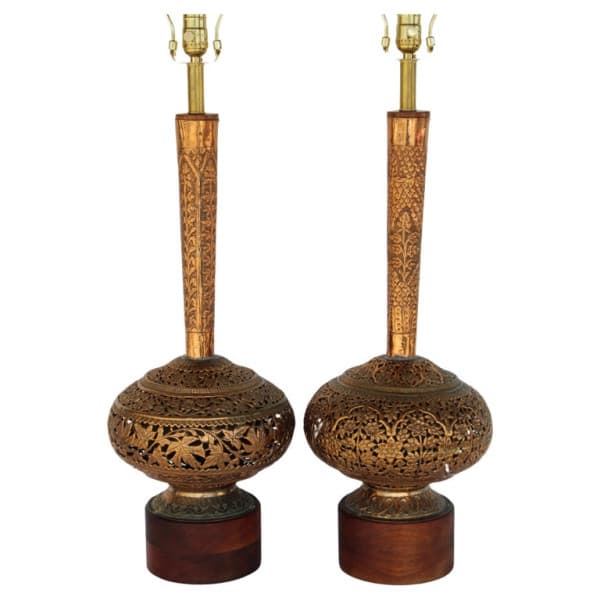 Pair Tall Indo Persian Copper Table Lamps | Ventura