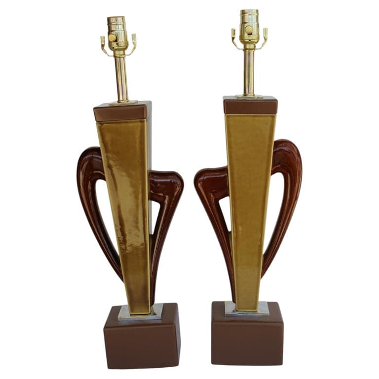 Pair of Abstract Ceramic and Wood Lamps (circa 1940s) | Ventura