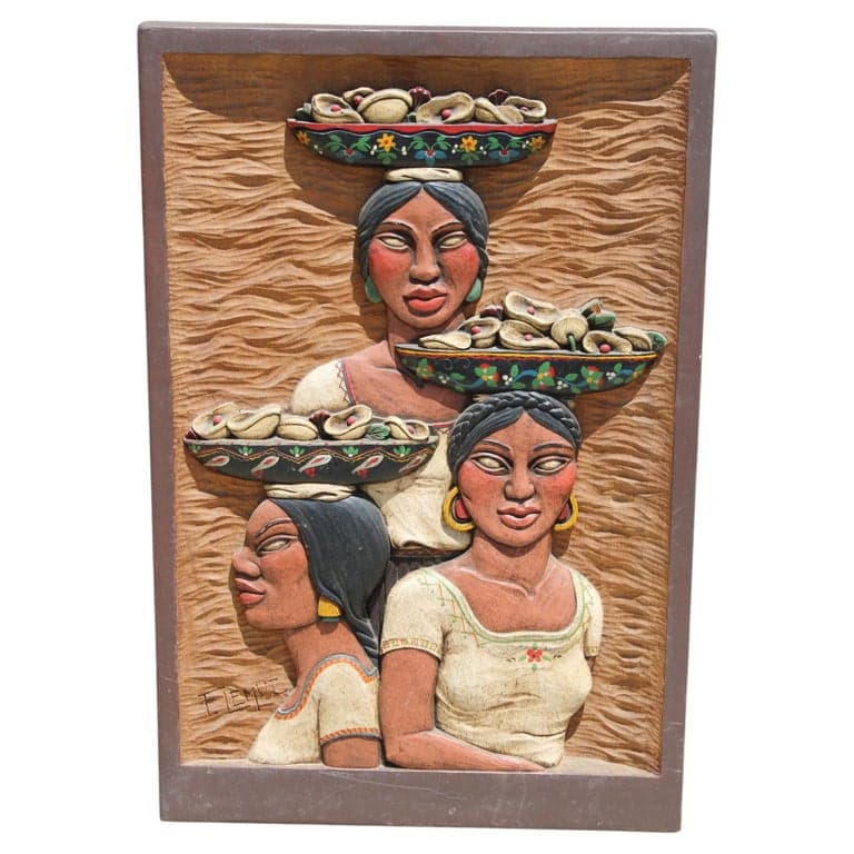 Carved Frame with Three Women with Mesmerizing Eyes carrying Flowers (circa 1950s) | Ventura
