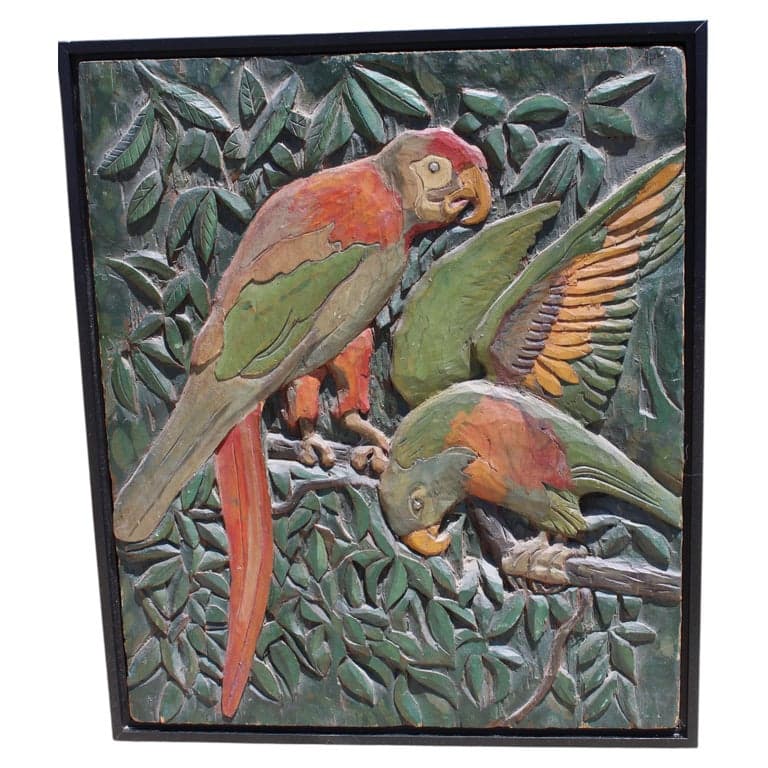 Carved Wood Panel with Two Parrots (circa 1940s) | Ventura