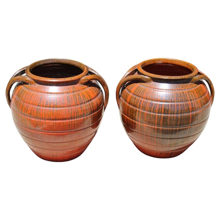 Pair of Handled Orange, Charcoal Stoneware Planters (circa 1950s) | Ventura