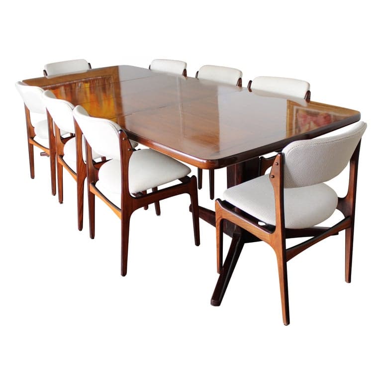 Dining Table, Eight Chairs, Two Leaves by Eric Buck, Made in Denmark (circa 1960s) | Ventura