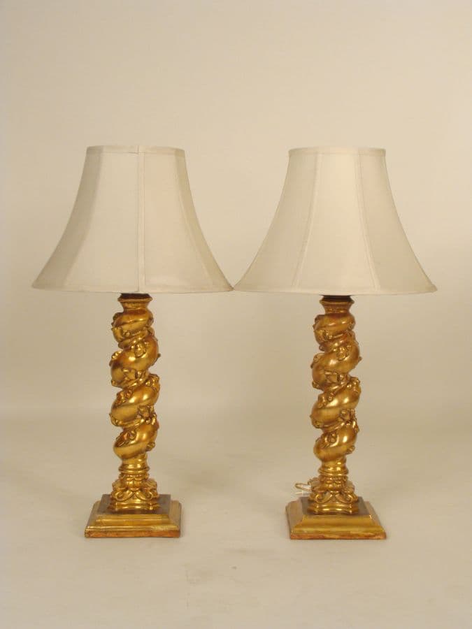 Pair of gilt wood column lamps