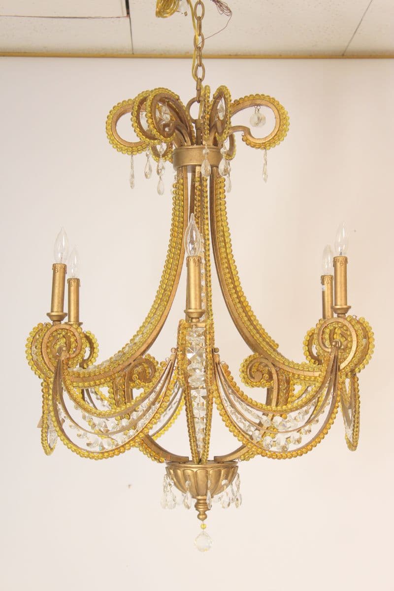 Beaded glass and gilt iron chandelier