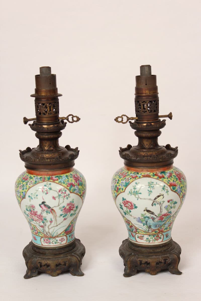Pair of Chinese porcelain and bronze lamps
